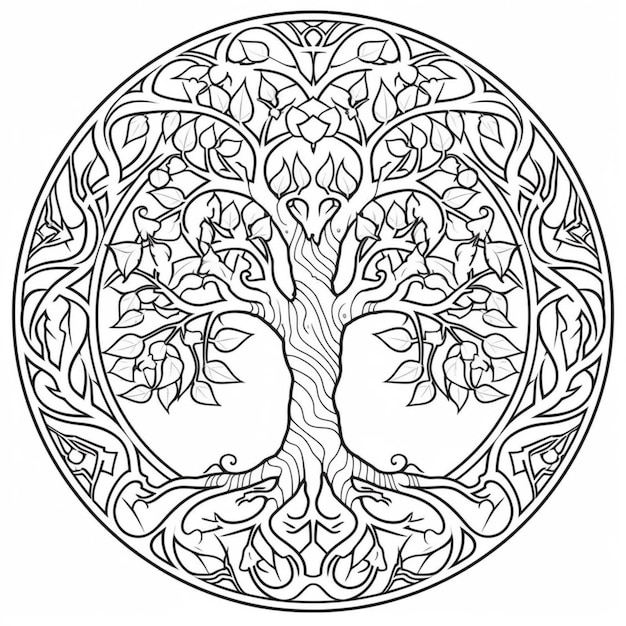 a coloring page with a tree of life in the middle generative ai