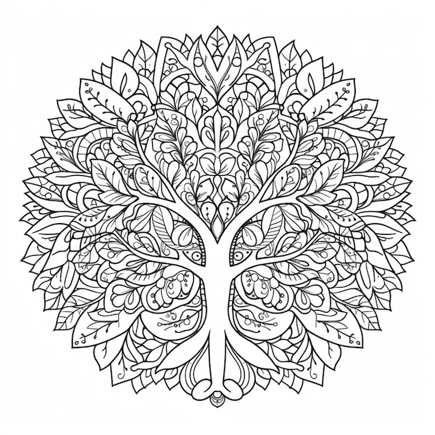 a coloring page with a tree with leaves and flowers generative ai