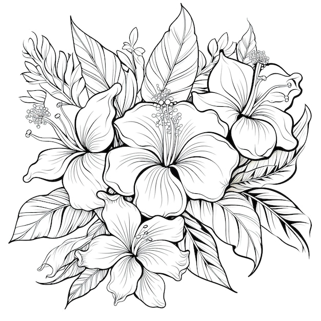 Photo coloring page with tropical flowers in black and white monoline style