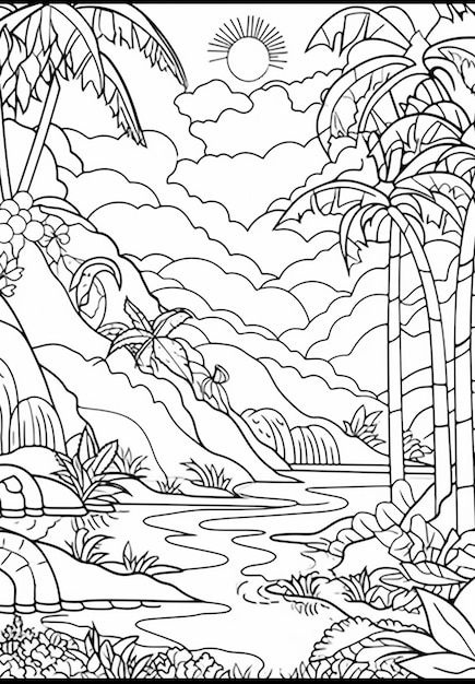 A coloring page with a tropical scene and a bird flying over the water generative ai