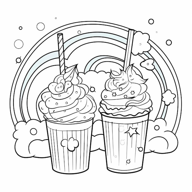 Photo a coloring page with two cupcakes and a rainbow generative ai