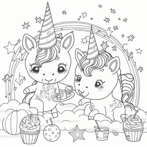 a coloring page with two unicorns and cupcakes generative ai