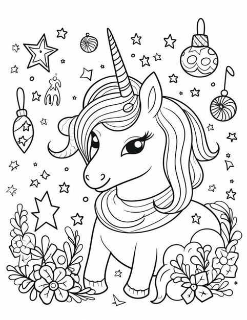 Photo a coloring page with a unicorn and stars generative ai