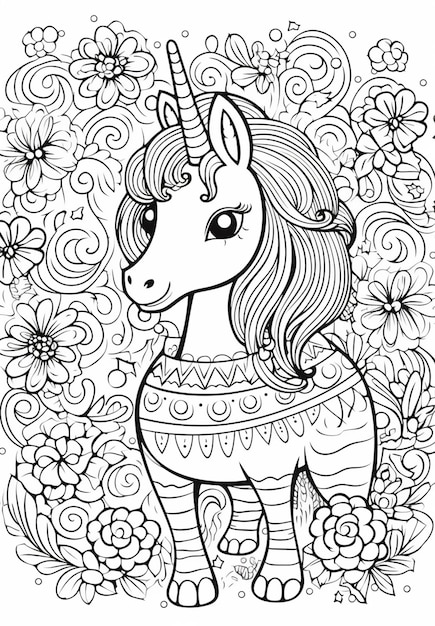 Foto una pagina da colorare con un unicorno circondato da fiori e farfalle generative ai