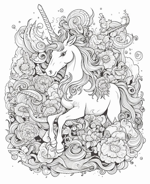 A coloring page with a unicorn surrounded by flowers and clouds generative ai
