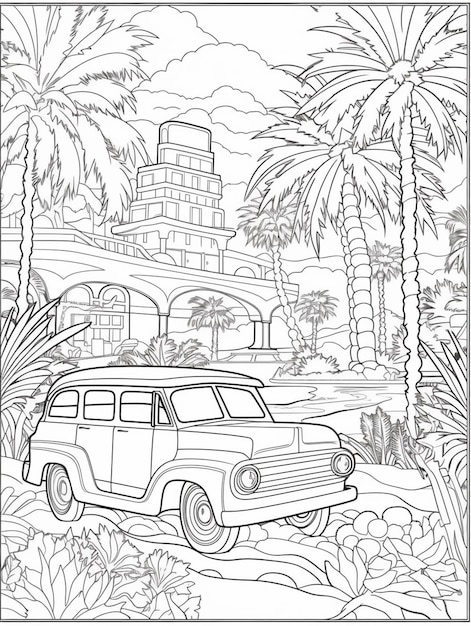 Photo a coloring page with a van parked in front of a hotel generative ai