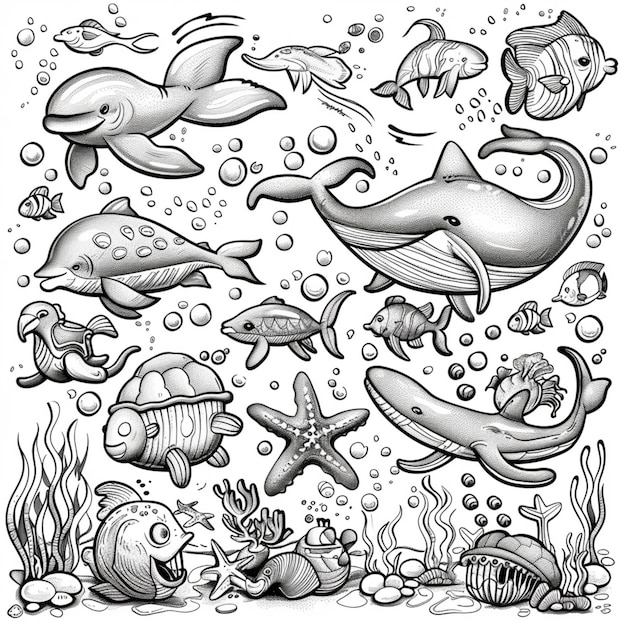 a coloring page with a variety of sea animals and fish generative ai
