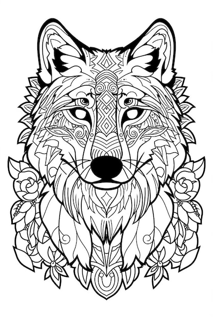 a coloring page with a wolf head and leaves generative ai