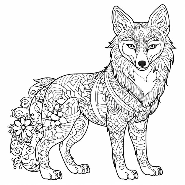 A coloring page with a wolf with a floral pattern on it generative ai