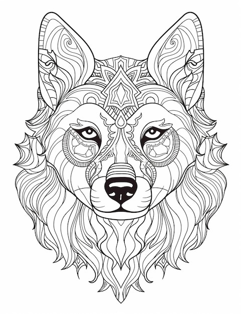 a coloring page with a wolfs face and a pattern on it generative ai