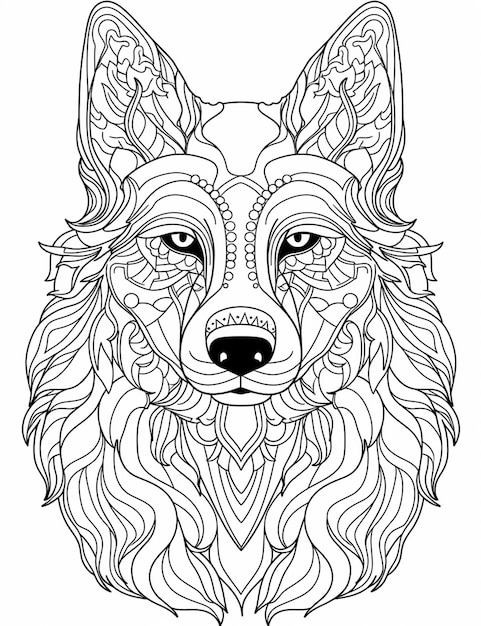 a coloring page with a wolfs face and patterns generative ai