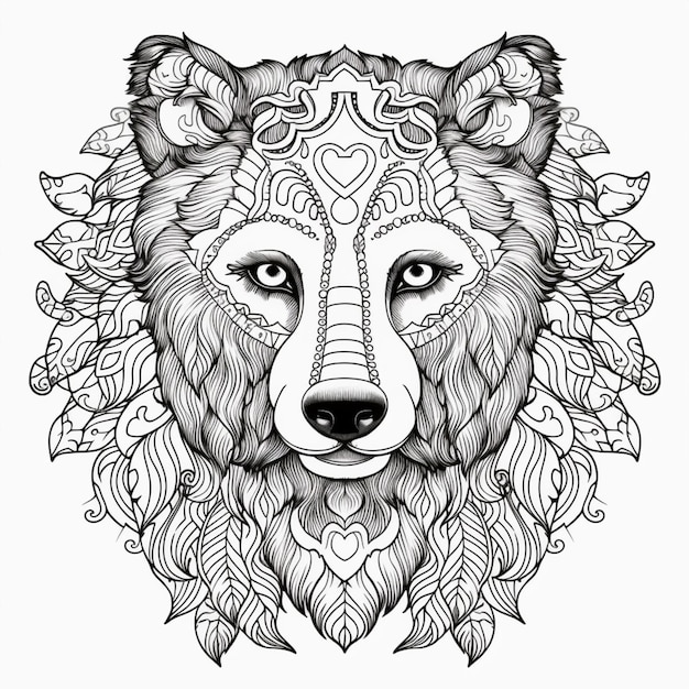 a coloring page with a wolfs head and leaves generative ai