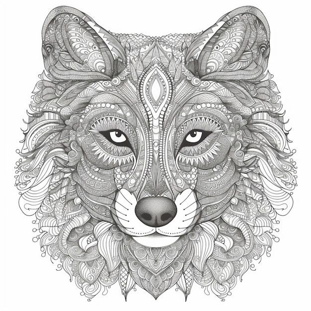 a coloring page with a wolfs head and ornate patterns generativ ai