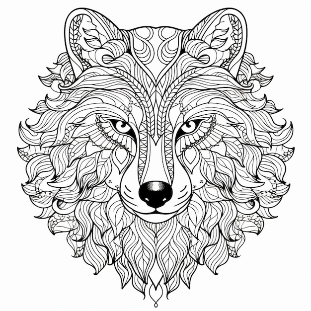 a coloring page with a wolfs head and a pattern on it generative ai