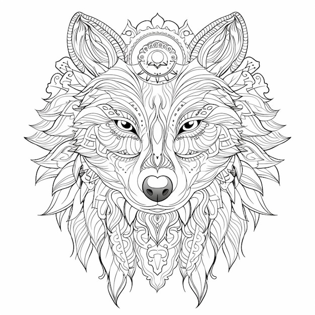 A coloring page with a wolfs head and a pattern on it generative ai