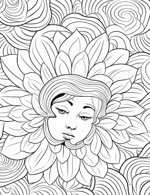 Photo a coloring page with a womans face surrounded by swirls generative ai