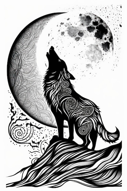 Photo coloring page wolf and the moon