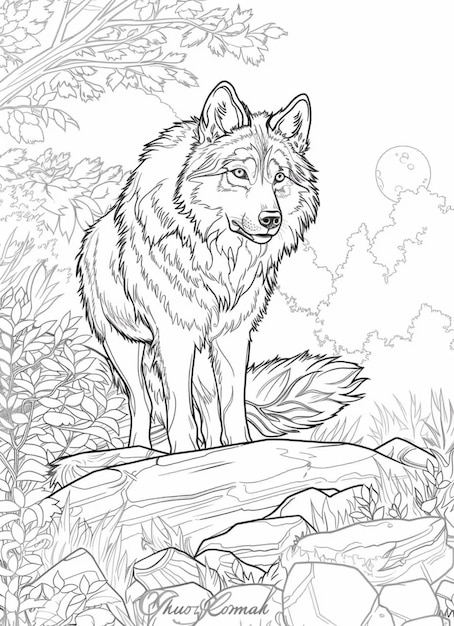 a coloring page of a wolf standing on a log in the woods generative ai