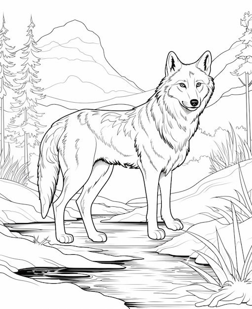 A coloring page of a wolf standing on a log in the woods generative ai
