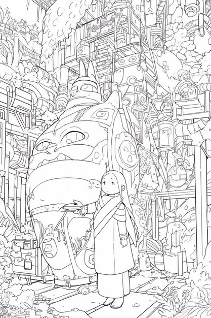 Photo a coloring page of a woman holding a giant fish in a city generative ai