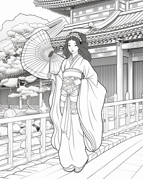 Premium AI Image | A coloring page of a woman in a kimono walking down ...