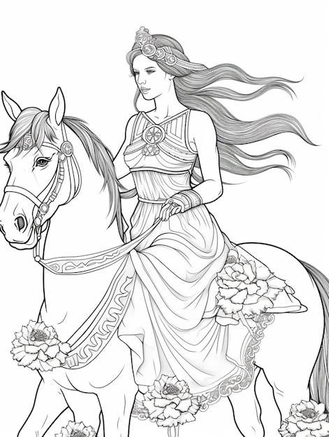 A coloring page of a woman riding a horse with flowers generative ai