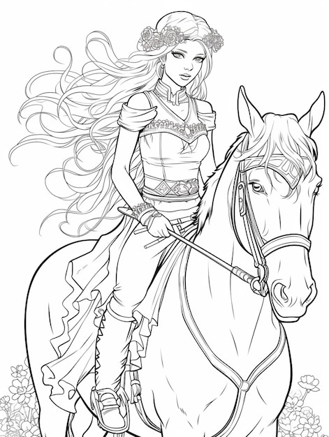 a coloring page of a woman riding a horse with long hair generative ai