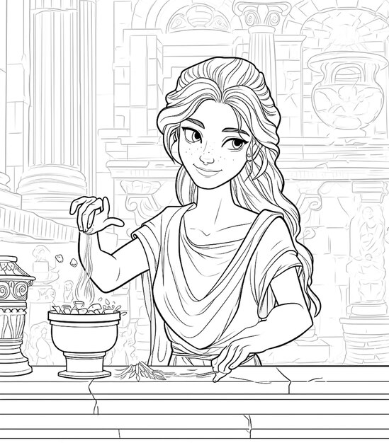 Photo a coloring page of a woman in a roman dress with a bowl of food