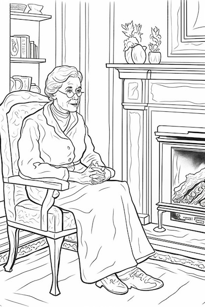 a coloring page of a woman sitting in a chair in front of a fireplace generative ai