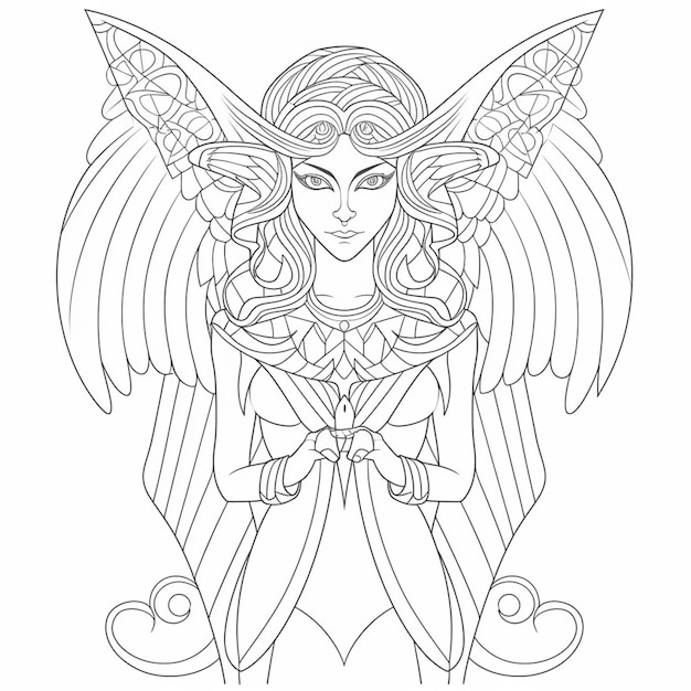 a coloring page of a woman with wings and a bow generative ai