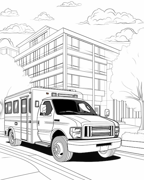 coloring page year old kids black and white simple 3d vector an ambulance near a hospital