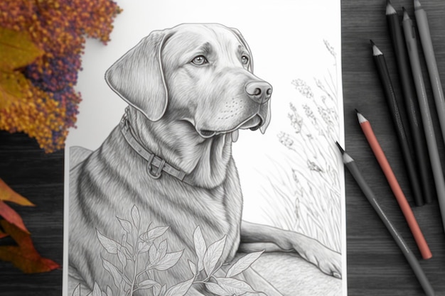 Coloring pages for adult dog in autumn grayscale