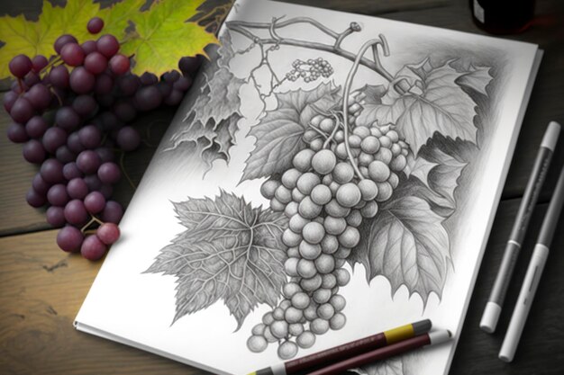 Foto pagine da colorare per uva adulta in scala di grigi in stile autunnale