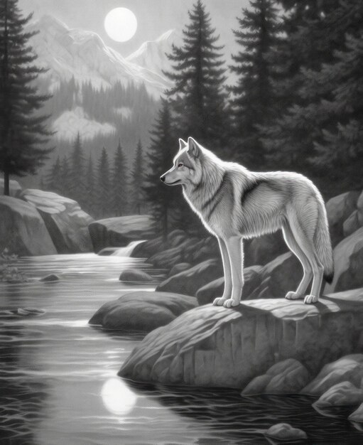 Photo coloring pages for adult wolf in the moon greyscale