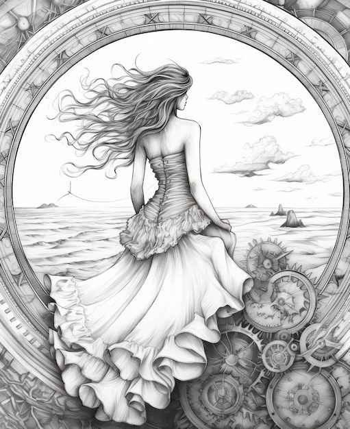 Coloring pages for adult young beautiful girl looking at the ocean steampunk style greyscale