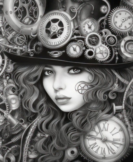 Coloring pages for adult young beautiful girl looking at the ocean steampunk style greyscale