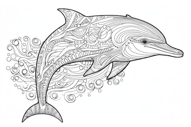 Раскраски для взрослых Дельфин в стиле мандалы геометрические тонкие линии