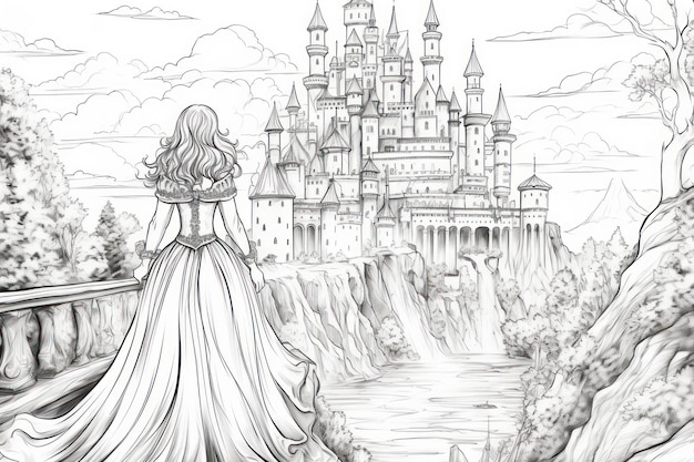 Coloring pages for adults princess go to the castle greyscale