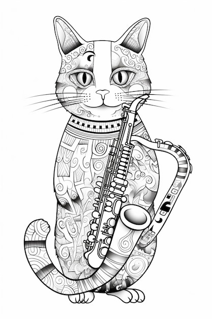 coloring pages for adults to print cat playing a saxophone generative ai