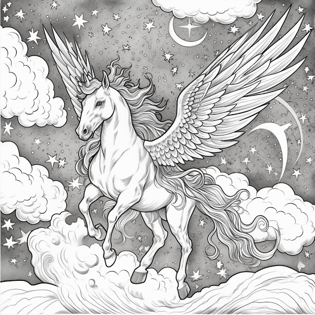 Photo coloring pages for adults unicorns and horses generative ai