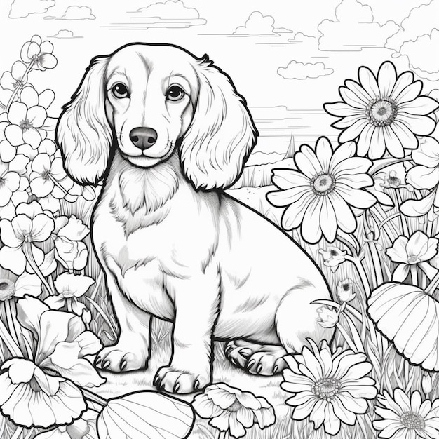 꽃밭에 앉아 있는 개가 있는 성인을 위한 색칠 페이지 생성 ai