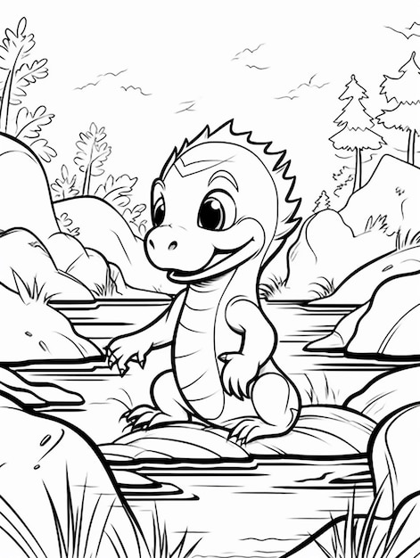 Coloring pages of baby dragon in the water generative ai