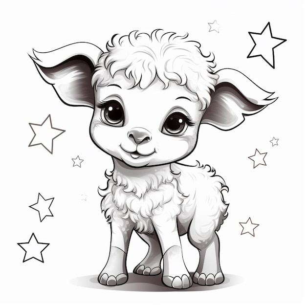 子羊のぬり絵とその周りに星と星が描かれた生成AI