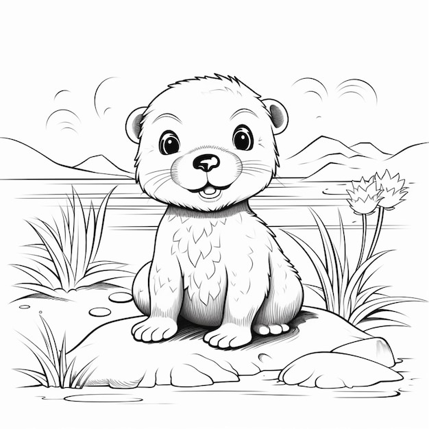 Coloring pages of a baby otter sitting on a rock generative ai