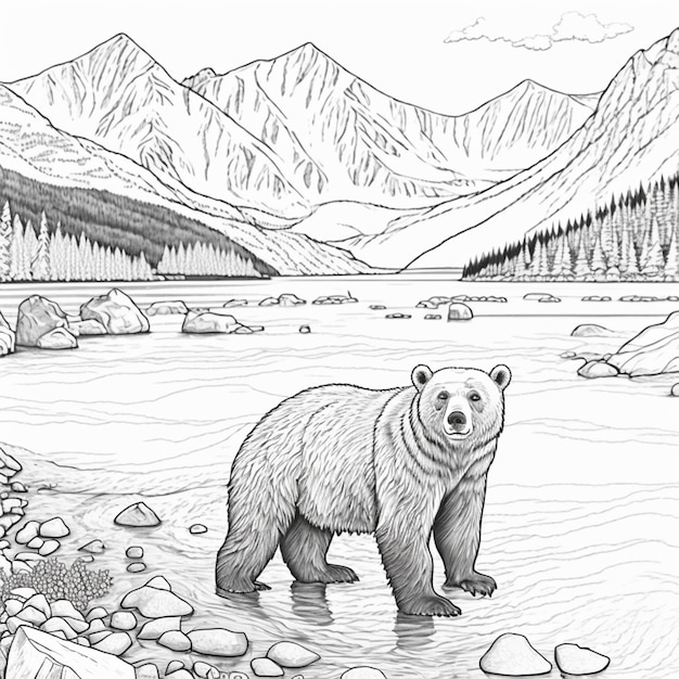 Coloring pages of a bear standing in a river with mountains in the background generative ai