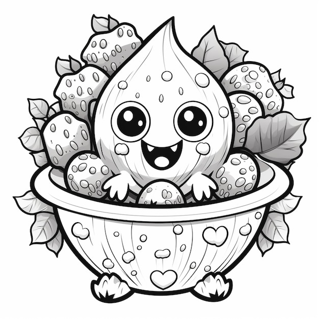 Coloring pages of a bowl of fruit with a face and leaves generative ai