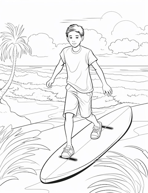 Photo coloring pages of a boy on a surfboard on the beach generative ai