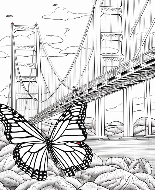 Photo coloring pages of a butterfly flying over a bridge with a bridge in the background generative ai