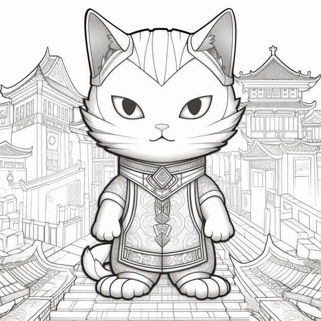 coloring pages of a cat in a chinese outfit generative ai