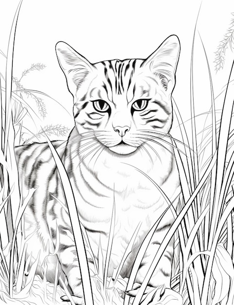 coloring pages of a cat in the grass with a white background generative ai